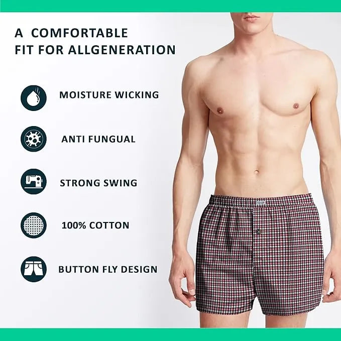 Men's Woven Cotton Boxer Shorts – Red & Navy Check, Button Fly, L to XXL - photo 4