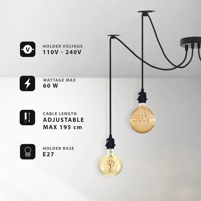 6 Light DIY Spider Pendant – 195 cm Cables, Bare or Caged, E27 - photo 2