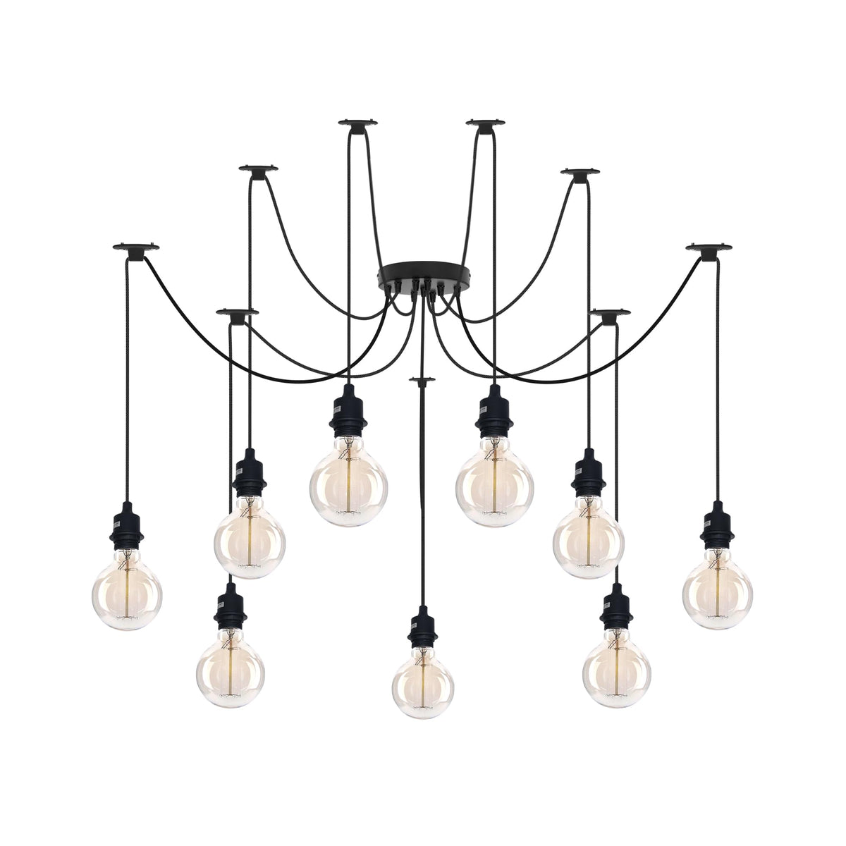 9 Light Spider Pendant – Black, 120 mm Rose, E27 - Black, No Shade, G95 Bulb 40W