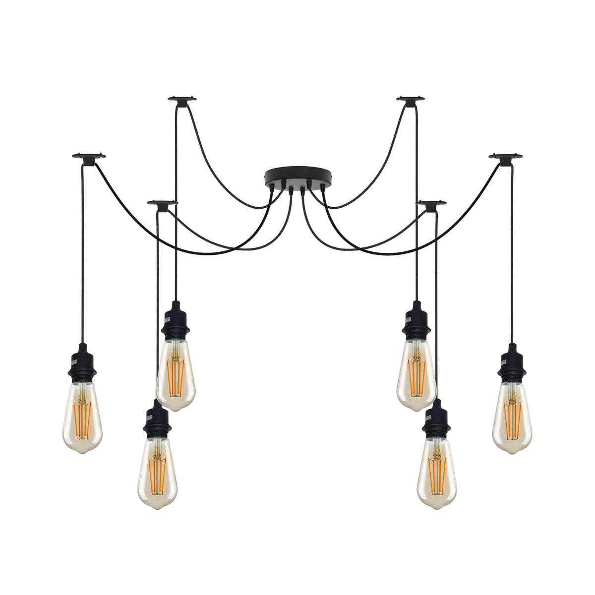 6 Light DIY Spider Pendant – 195 cm Cables, Bare or Caged, E27 - Black, No Shade, With 6 ST64 Bulbs