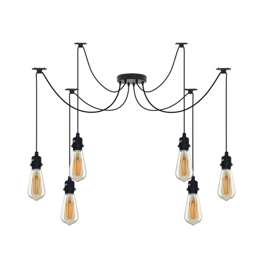 6 Light DIY Spider Pendant – 195 cm Cables, Bare or Caged, E27 - Black, No Shade, With 6 ST64 Bulbs