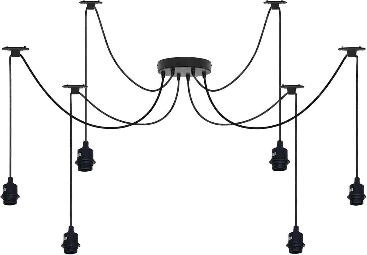 6 Light DIY Spider Pendant – 195 cm Cables, Bare or Caged, E27 - Black, No Shade, Without Bulb