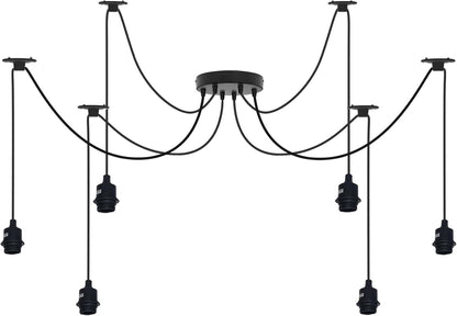 6 Light DIY Spider Pendant – 195 cm Cables, Bare or Caged, E27 - Black, No Shade, Without Bulb