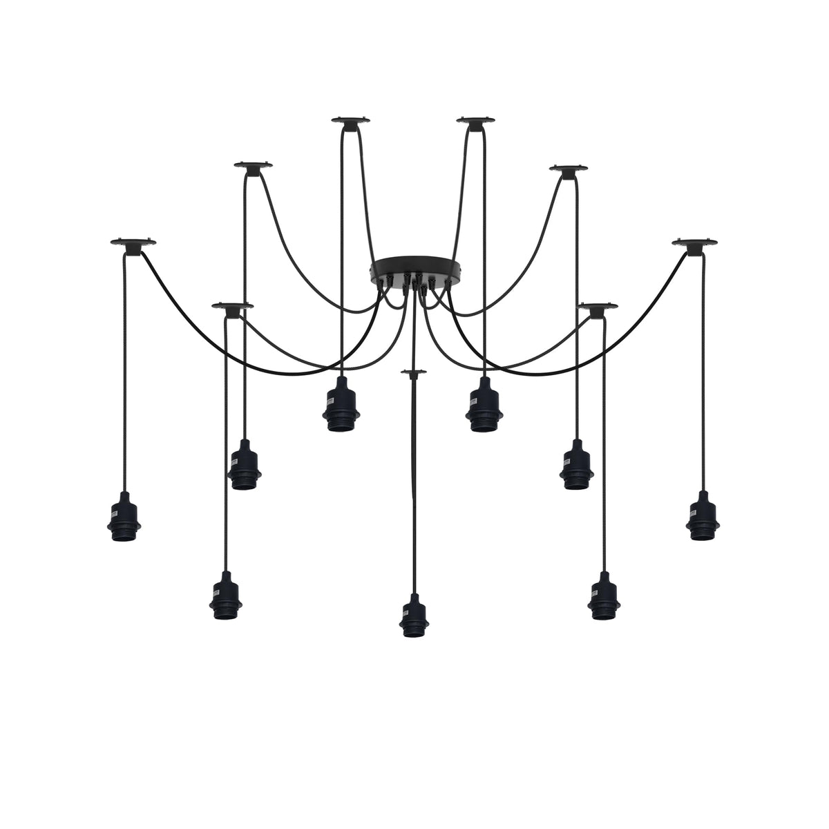 9 Light Spider Pendant – Black, 120 mm Rose, E27 - Black, No Shade, Without Bulb