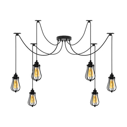 6 Light DIY Spider Pendant – 195 cm Cables, Bare or Caged, E27 - Black, Round Cage Black, With 6 T130 LED Bulbs