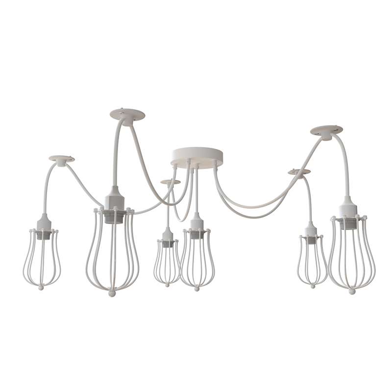 6 Light DIY Spider Pendant – 195 cm Cables, Bare or Caged, E27 - White, Round Cage White, Without Bulb