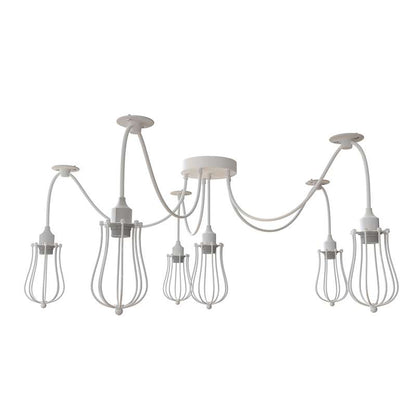 6 Light DIY Spider Pendant – 195 cm Cables, Bare or Caged, E27 - White, Round Cage White, Without Bulb