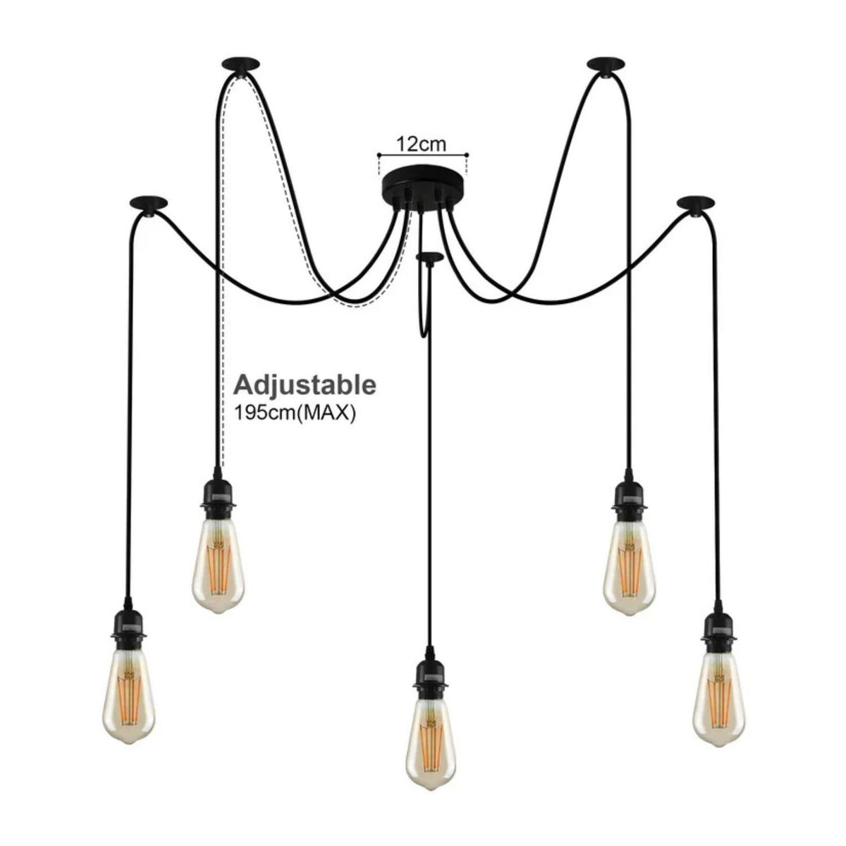 5 Light Spider Pendant – 195 cm Swag Cables, Black, E27 - photo 2