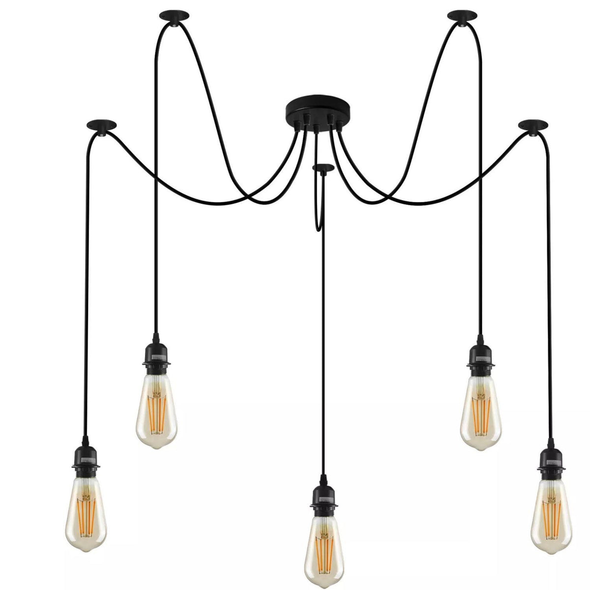 5 Light Spider Pendant – 195 cm Swag Cables, Black, E27 - Black, No Shade 120 mm Rose, Without Bulb