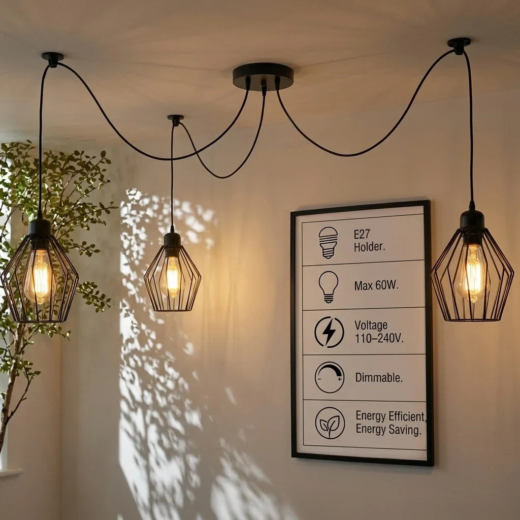 3-Light Swag Spider Pendant – Balloon or Diamond Cages, E27 - Black, Diamond Cage Black, Without Bulb