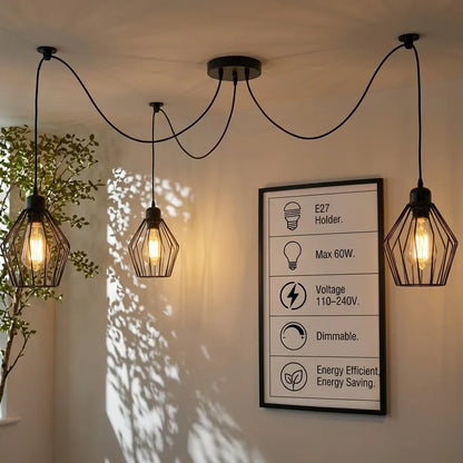3-Light Swag Spider Pendant – Balloon or Diamond Cages, E27 - Black, Diamond Cage Black, Without Bulb