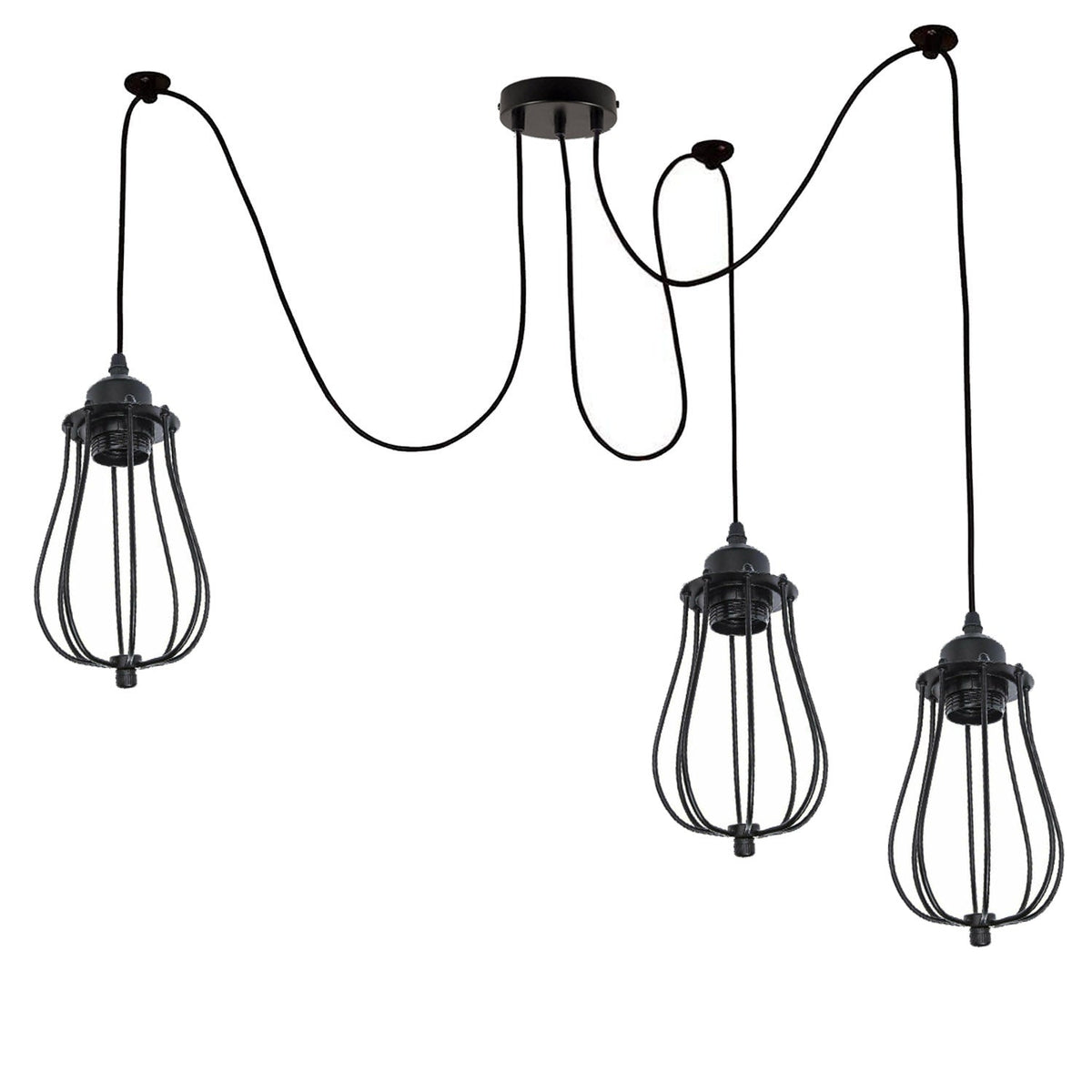 3-Light Swag Spider Pendant – Balloon or Diamond Cages, E27 - Black, Balloon Cage Black, Without Bulb