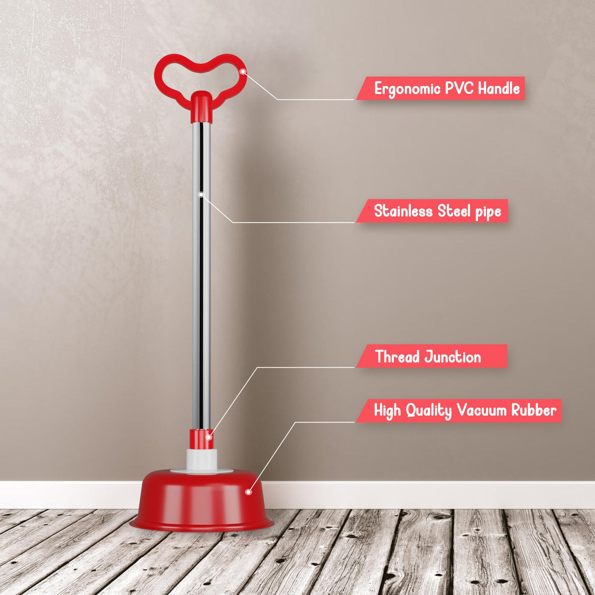Toilet Plunger with Stainless Steel Handle – Vacuum Rubber Cup, 51 cm, Red - photo 3
