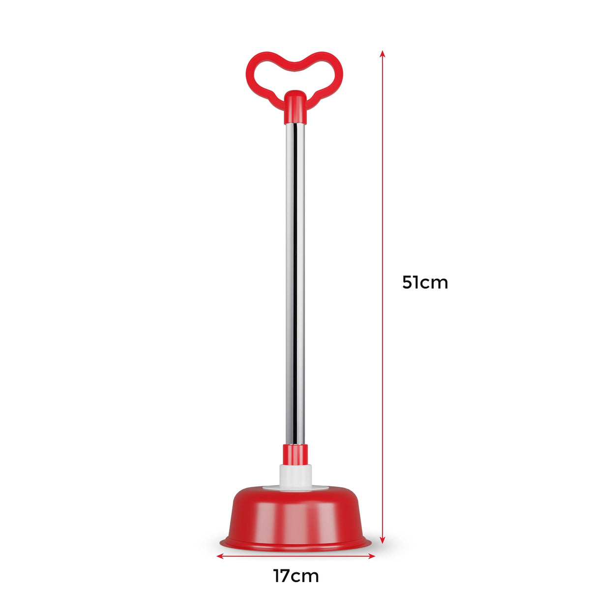 Toilet Plunger with Stainless Steel Handle – Vacuum Rubber Cup, 51 cm, Red - Red, Single