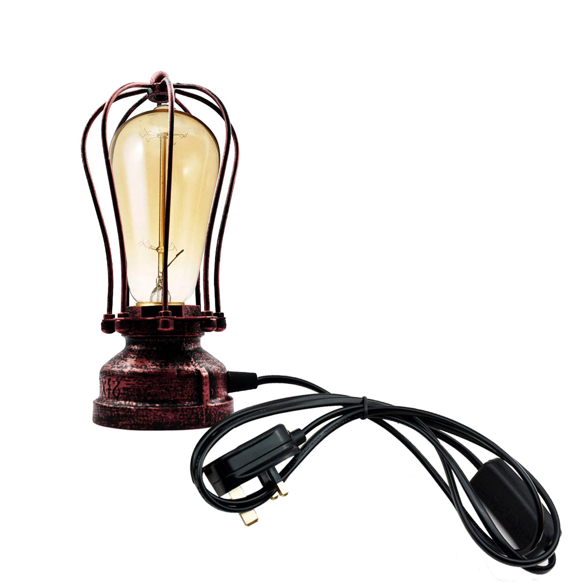 Steampunk Pipe Table Lamp with Metal Cage E27 - Rustic Red, T130 LED Bulb 4W