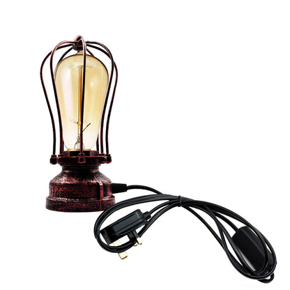Steampunk Pipe Table Lamp with Metal Cage E27 - Rustic Red, T130 LED Bulb 4W