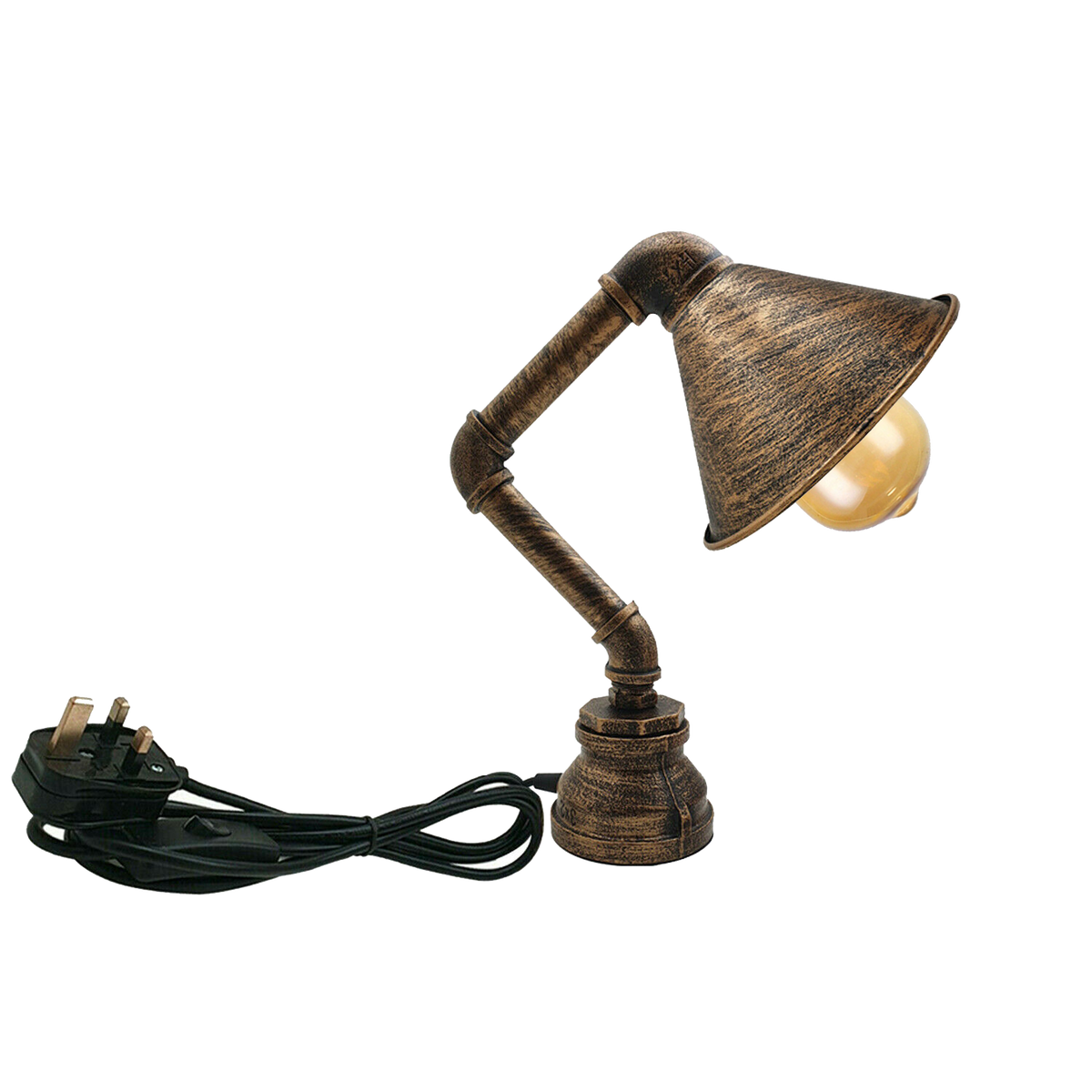 Steampunk Water Pipe Table Lamp with Shade E27 - Brushed Copper, Without Bulb