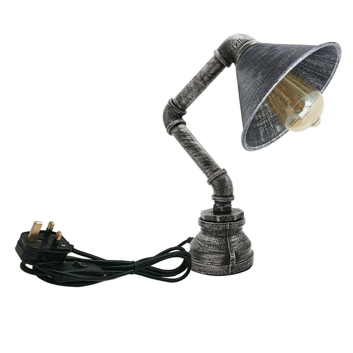 Steampunk Water Pipe Table Lamp with Shade E27 - Brushed Silver, Without Bulb