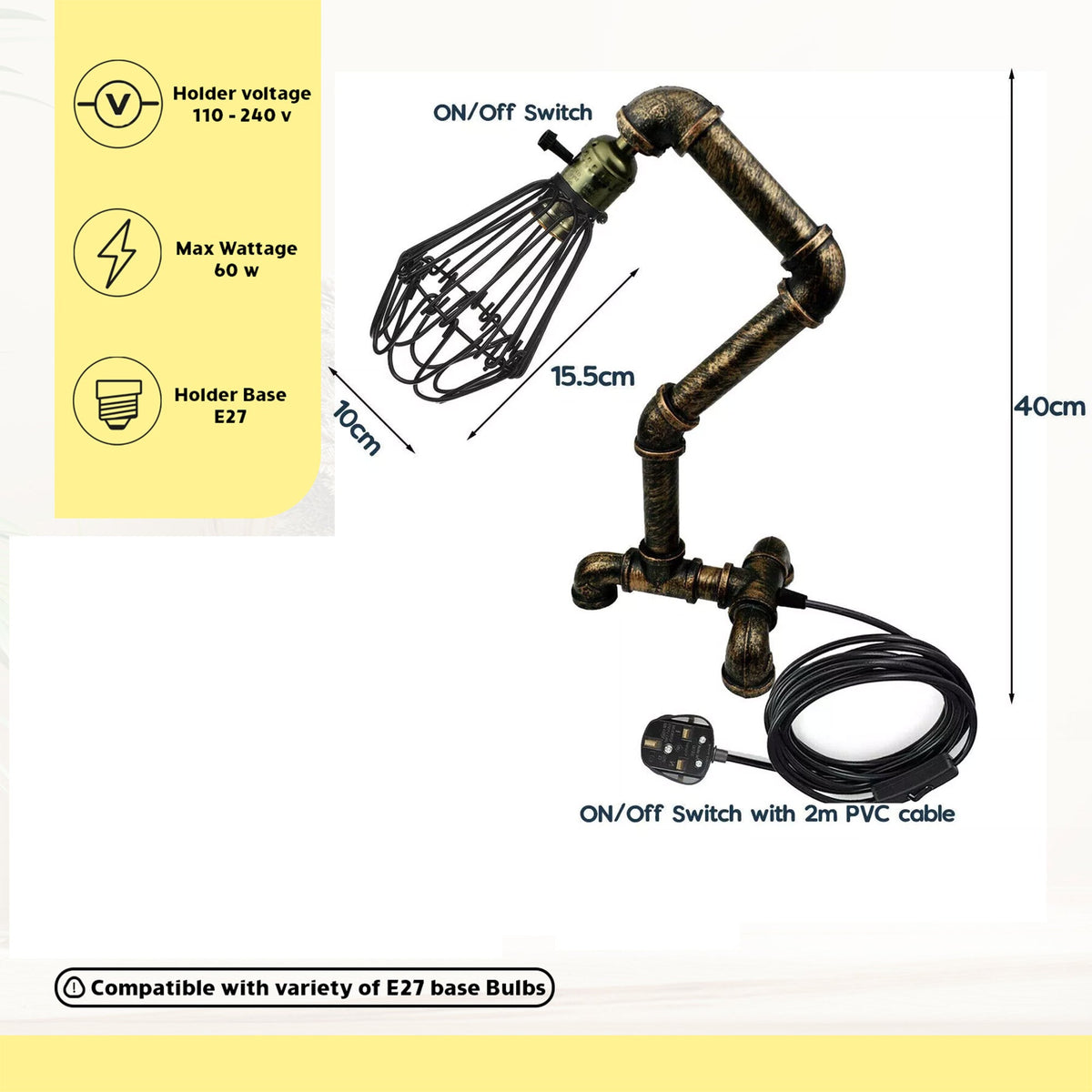Steampunk Water Pipe Table Lamp with Wire Cage E27 - photo 2