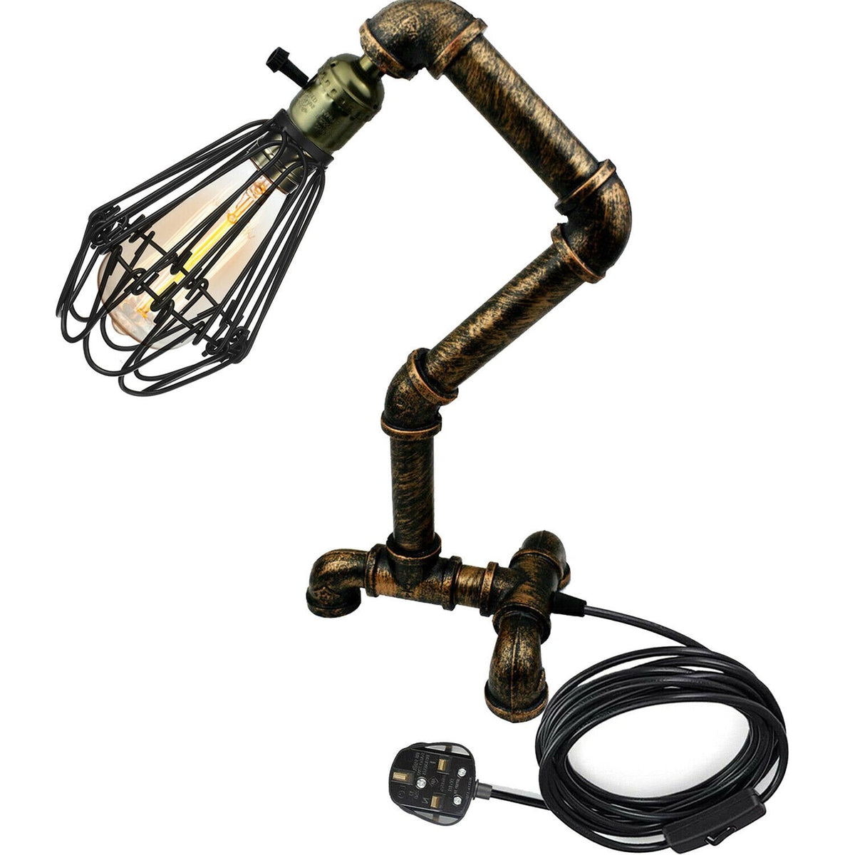 Steampunk Water Pipe Table Lamp with Wire Cage E27 - photo 5