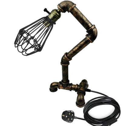 Steampunk Water Pipe Table Lamp with Wire Cage E27 - Brushed Copper, Without Bulb
