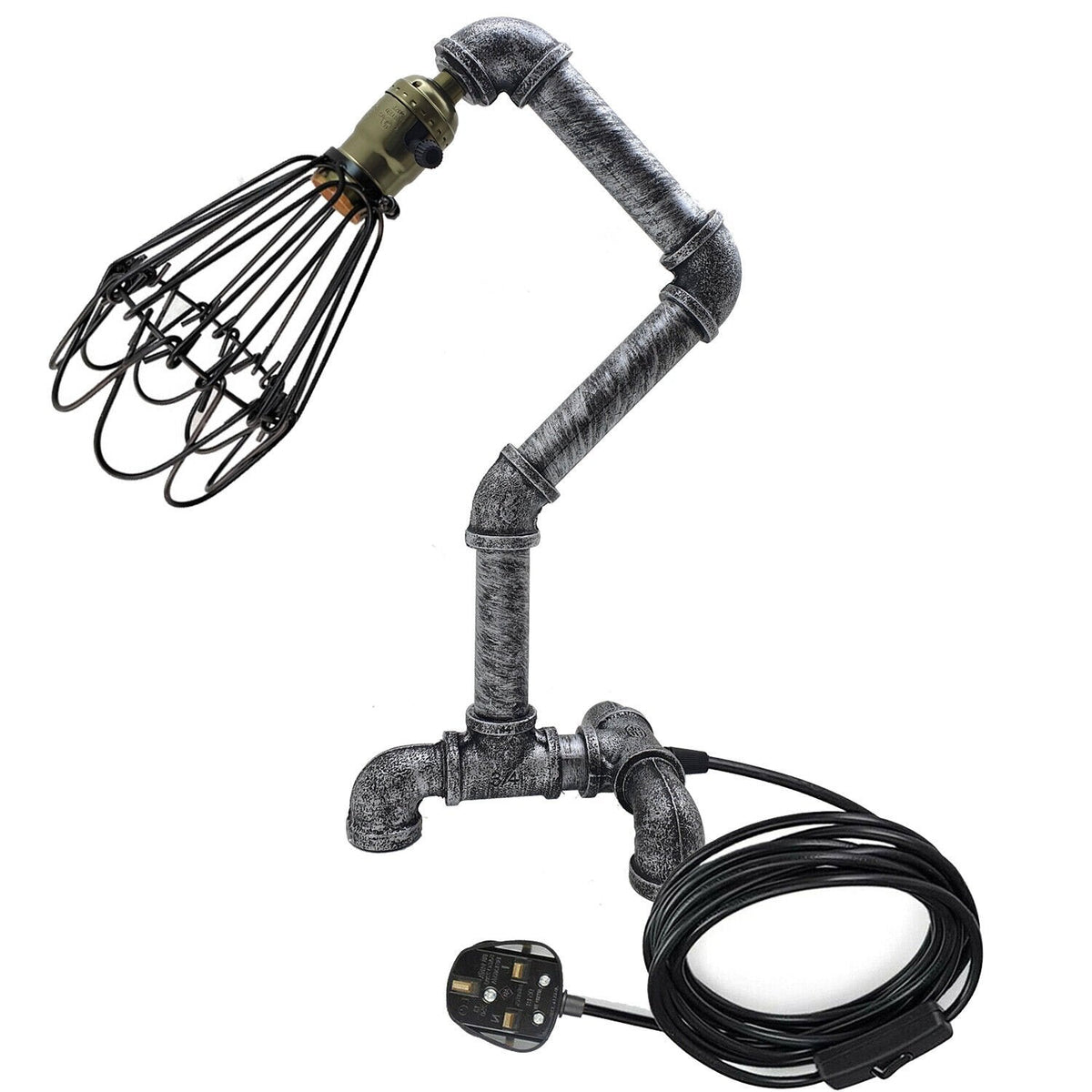 Steampunk Water Pipe Table Lamp with Wire Cage E27 - Brushed Silver, Without Bulb