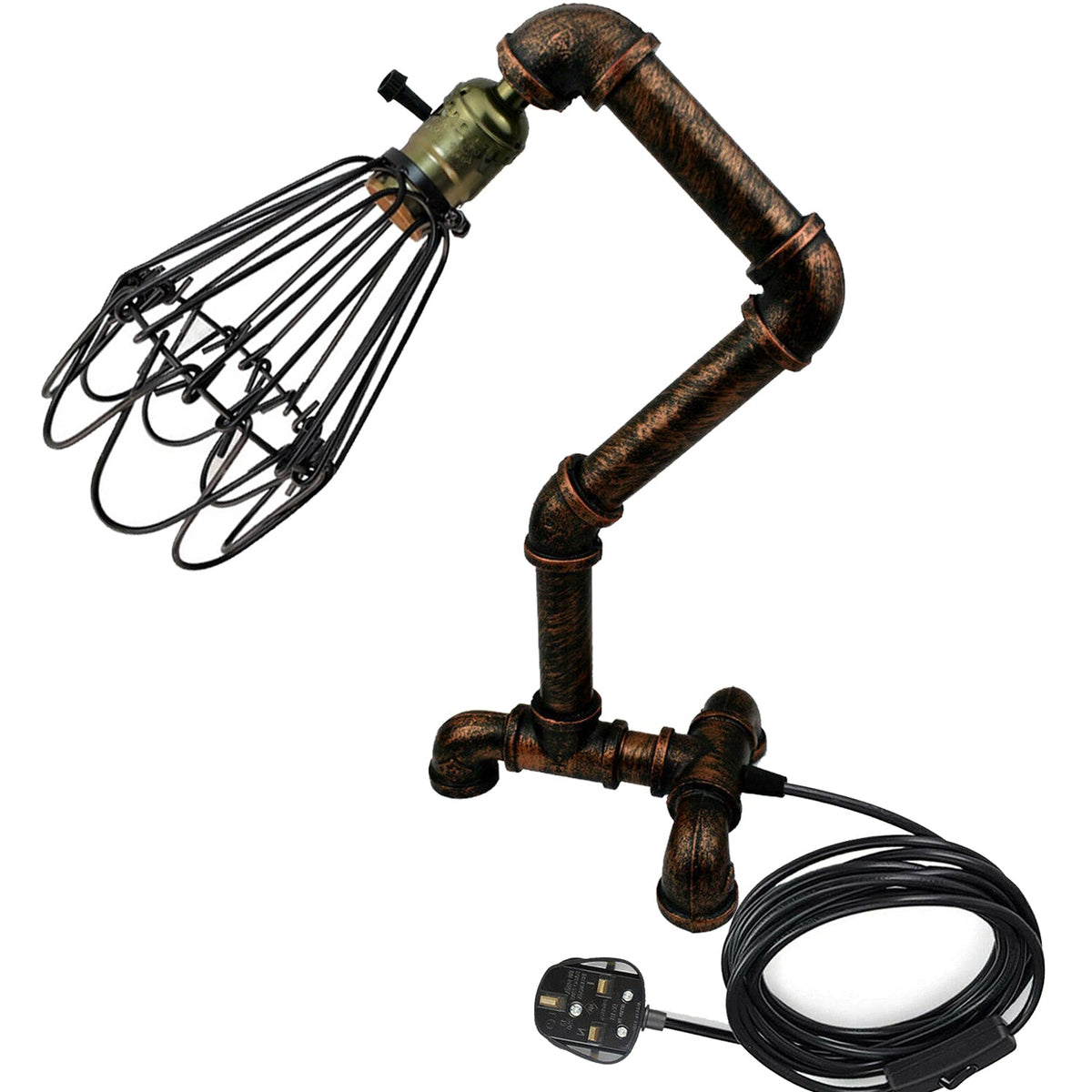Steampunk Water Pipe Table Lamp with Wire Cage E27 - Rustic Red, Without Bulb