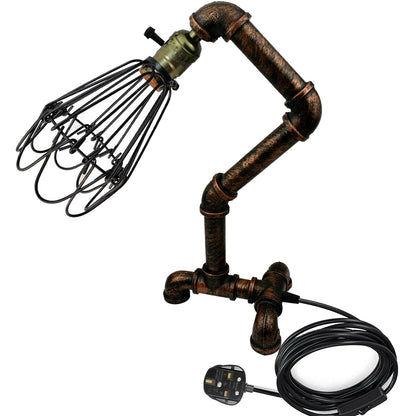 Steampunk Water Pipe Table Lamp with Wire Cage E27 - Rustic Red, Without Bulb