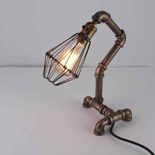 Steampunk Water Pipe Table Lamp with Wire Cage E27