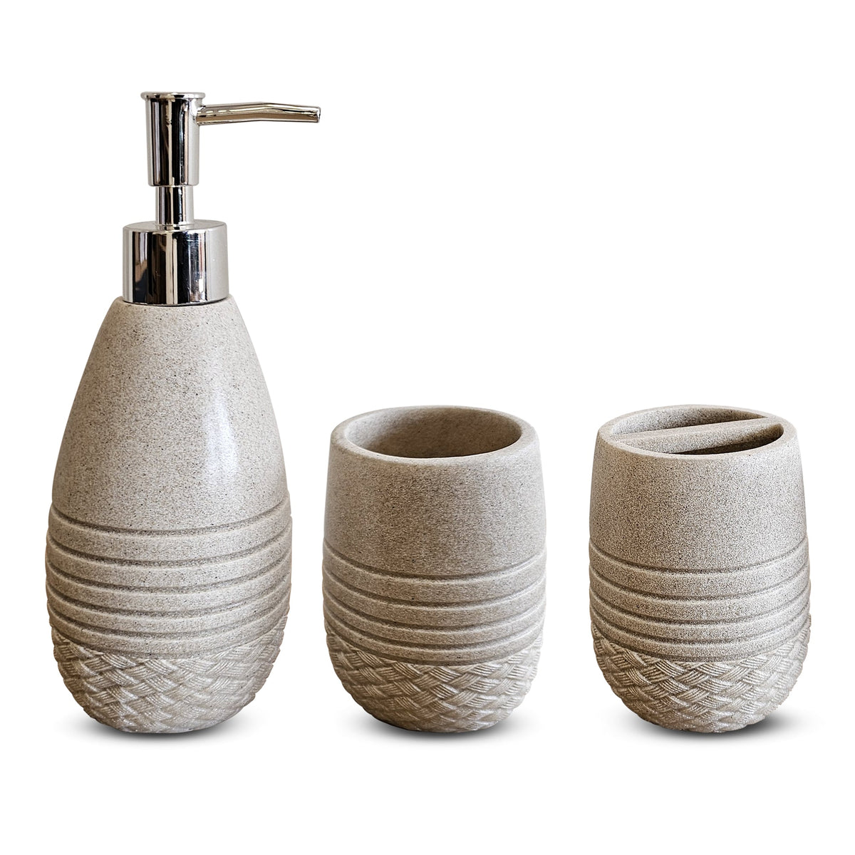 Ribbed Stone-Effect Bathroom Set – Dispenser, Tumbler & Toothbrush Holder, Beige