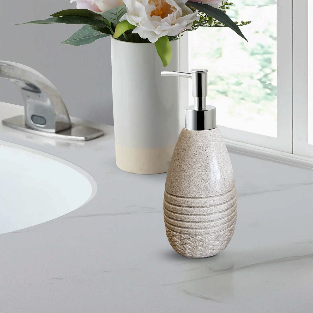 Ribbed Stone-Effect Bathroom Set – Dispenser, Tumbler & Toothbrush Holder, Beige - photo 3
