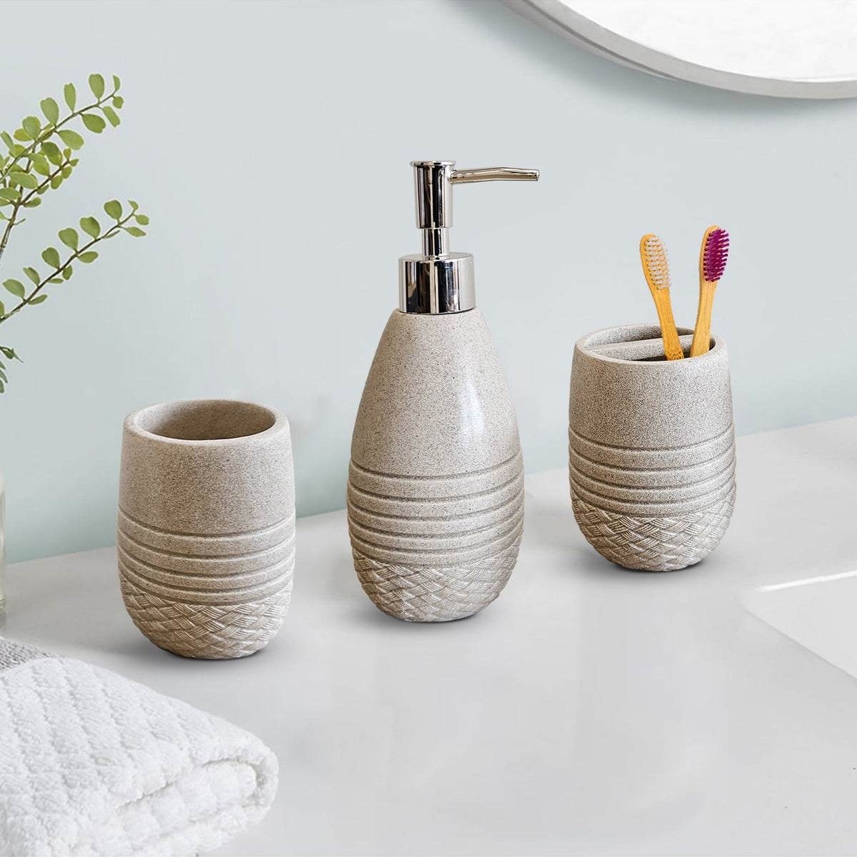 Ribbed Stone-Effect Bathroom Set – Dispenser, Tumbler & Toothbrush Holder, Beige - photo 4