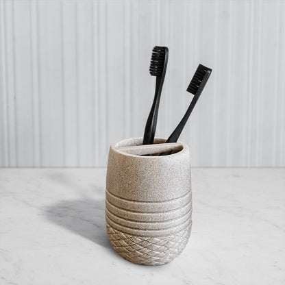 Ribbed Stone-Effect Bathroom Set – Dispenser, Tumbler & Toothbrush Holder, Beige - photo 5