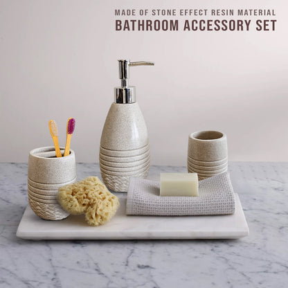 Ribbed Stone-Effect Bathroom Set – Dispenser, Tumbler & Toothbrush Holder, Beige - photo 6