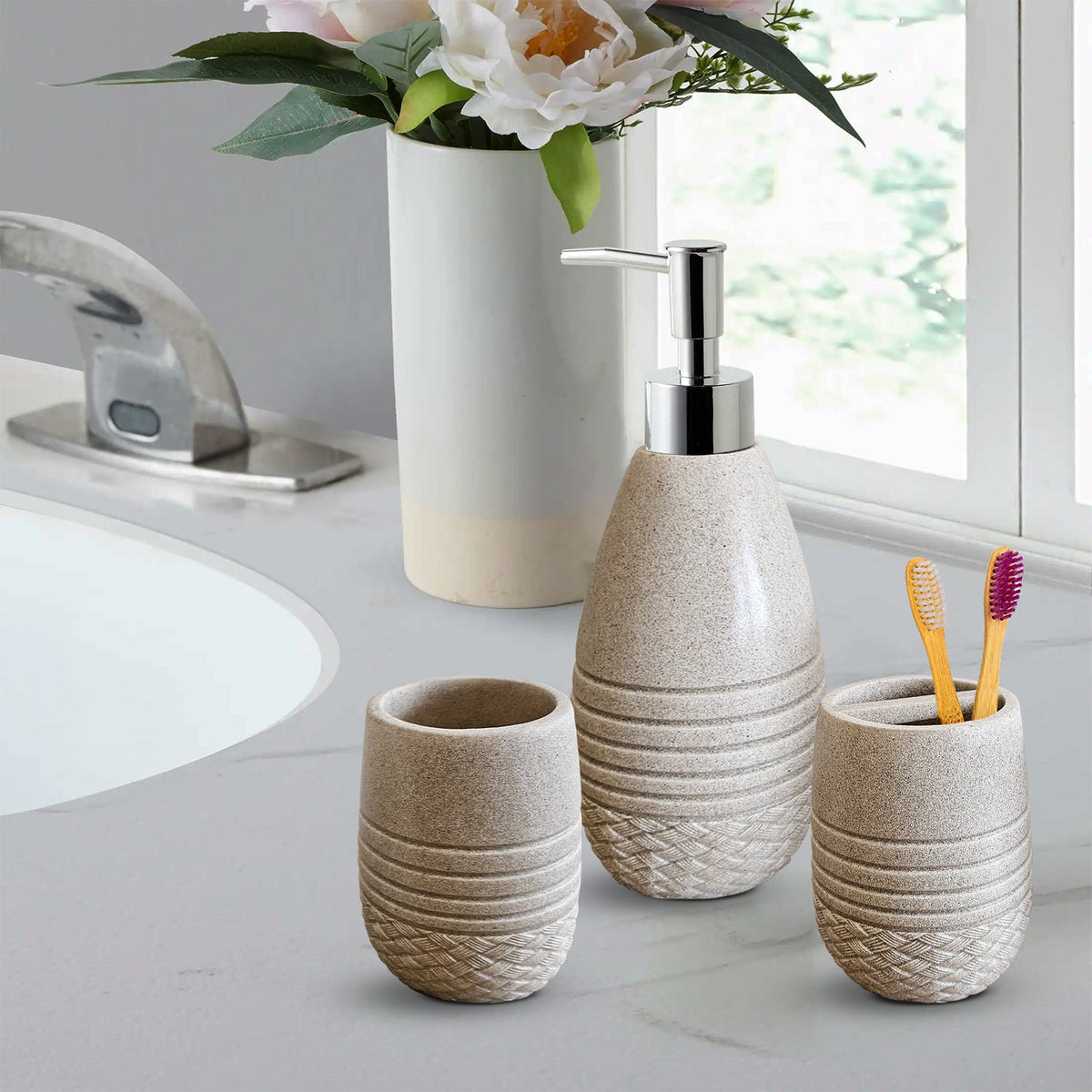 Ribbed Stone-Effect Bathroom Set – Dispenser, Tumbler & Toothbrush Holder, Beige - photo 2