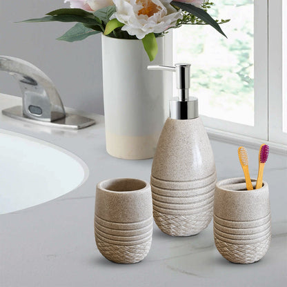 Ribbed Stone-Effect Bathroom Set – Dispenser, Tumbler & Toothbrush Holder, Beige - photo 2