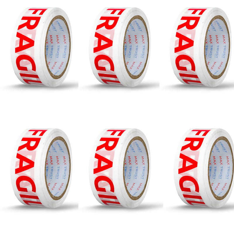 Fragile Printed Packing Tape, 6 Rolls – 48 mm x 50 m, Red on White