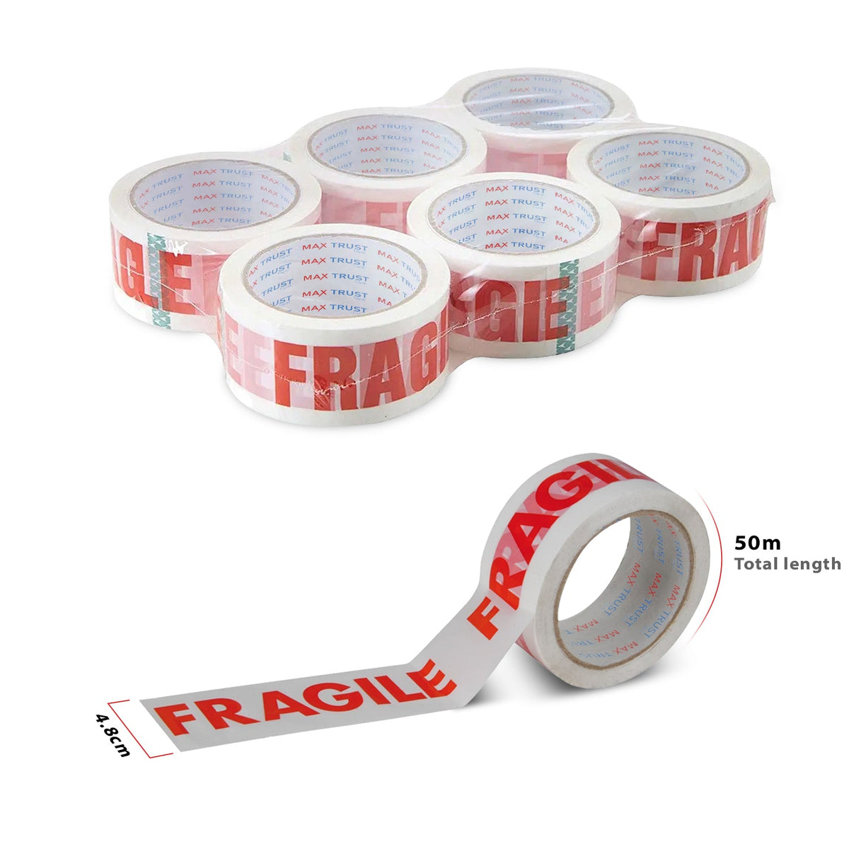Fragile Printed Packing Tape, 6 Rolls – 48 mm x 50 m, Red on White - photo 3