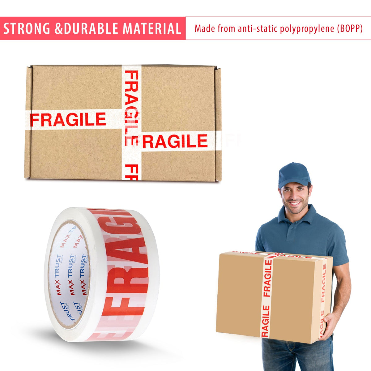 Fragile Printed Packing Tape, 6 Rolls – 48 mm x 50 m, Red on White - photo 5