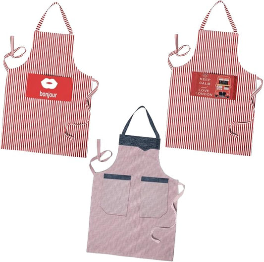 Red Striped Cotton Aprons, Pack of 3 – London, Bonjour & Double Pocket