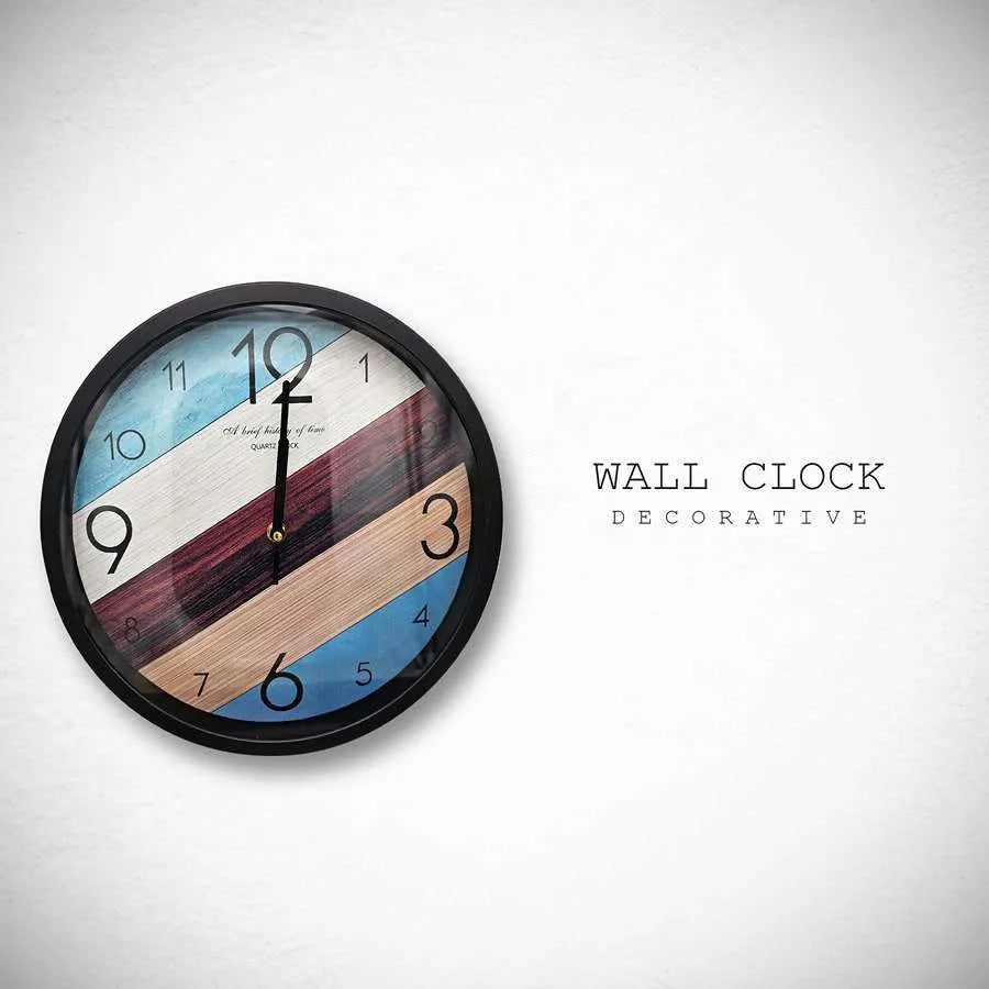 Striped Round Wall Clock – 30 cm, Black Frame, Blue, Burgundy & Wood Effect - photo 4
