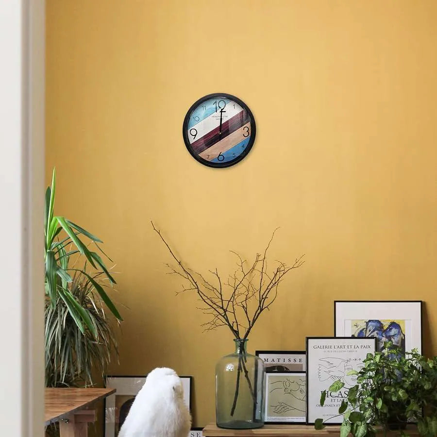 Striped Round Wall Clock – 30 cm, Black Frame, Blue, Burgundy & Wood Effect - photo 5