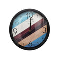 Striped Round Wall Clock – 30 cm, Black Frame, Blue, Burgundy & Wood Effect