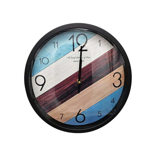 Striped Round Wall Clock – 30 cm, Black Frame, Blue, Burgundy & Wood Effect