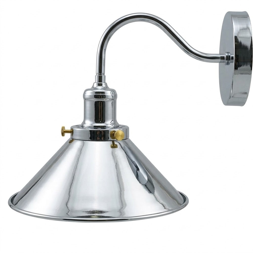 Swan Neck Wall Light Chrome with Shade – E27 - Chrome, Flat Cone 22 cm Chrome, Without Bulb