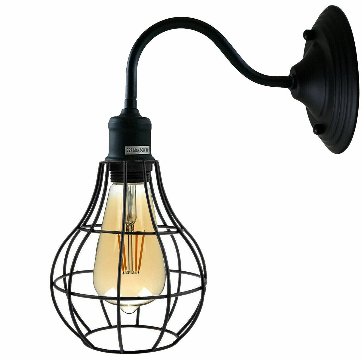 Swan Neck Wall Light with Shade – Black, Copper, Rose Gold, Satin Nickel, Brass - Black, Balloon Cage Black, Without Bulb