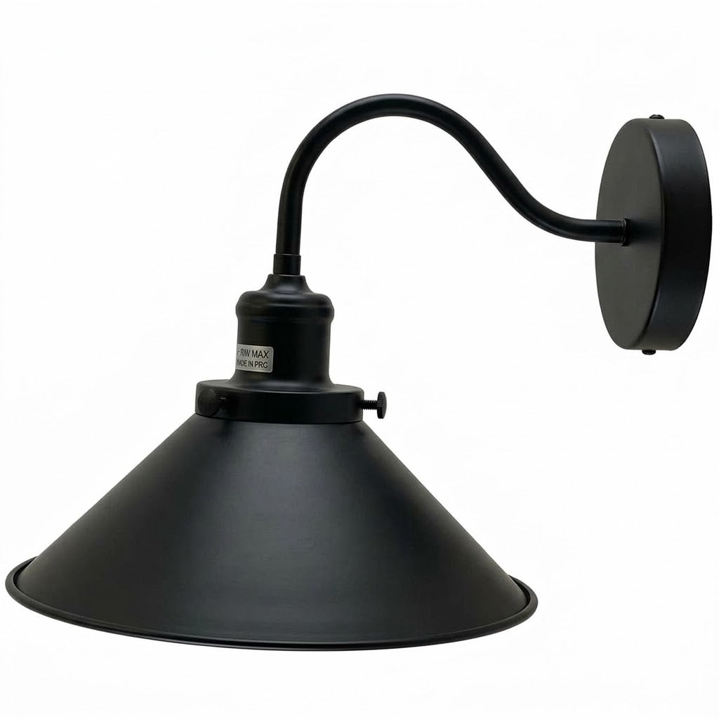 Swan Neck Wall Light with Shade – Black, Copper, Rose Gold, Satin Nickel, Brass - Black, Flat Cone 22 cm Black & Gold, Without Bulb