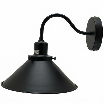 Swan Neck Wall Light with Shade – Black, Copper, Rose Gold, Satin Nickel, Brass - Black, Flat Cone 22 cm Black & Gold, Without Bulb