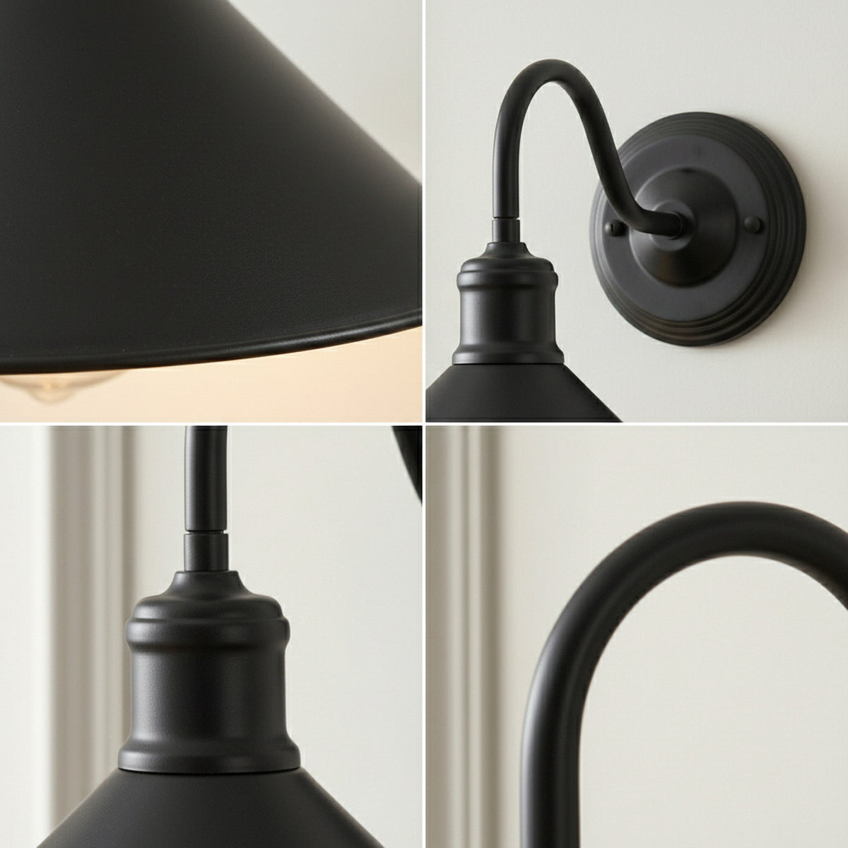 Swan Neck Wall Light with Shade – Black, Copper, Rose Gold, Satin Nickel, Brass - Black, Flat Cone 22 cm Black, Without Bulb