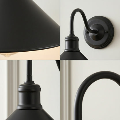 Swan Neck Wall Light with Shade – Black, Copper, Rose Gold, Satin Nickel, Brass - Black, Flat Cone 22 cm Black, Without Bulb